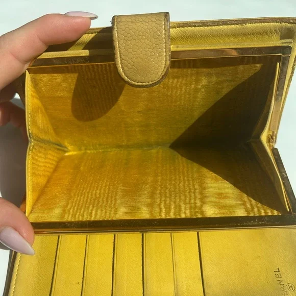 CHANEL Mustard Yellow Leather Clutch Long Wallet Gold Kisslock - Picture 3 of 16